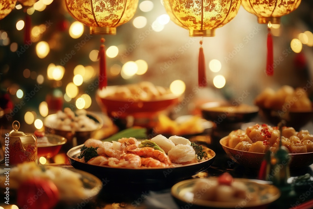 Festive holiday feast with traditional cuisine and elegant lanterns for celebration. Festive holiday feast with traditional cuisine and elegant lanterns for celebration.
