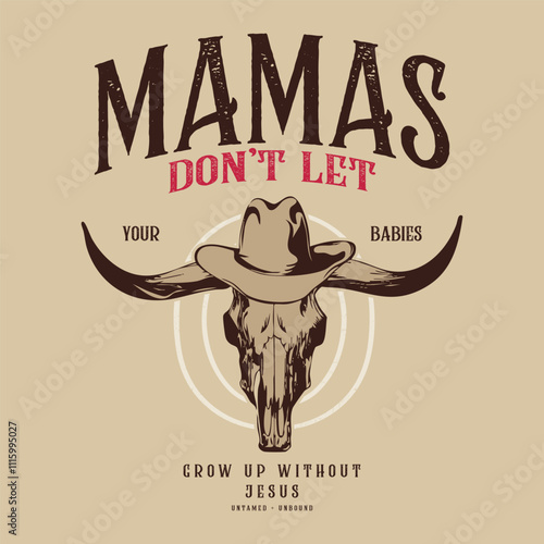 Cowboy Rodeo show Vector illustration with a skull of bull and lettering in retro style, Vintage western wild west, cowboy vintage print, Suitable for poster, label, flyer, invitation, t-shirt design