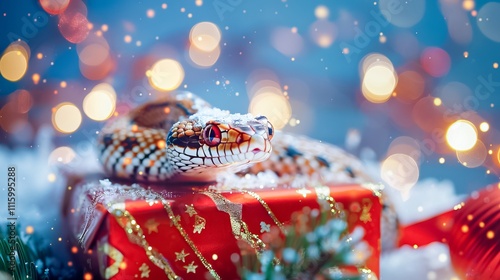 Banner with cute snake on gift box and bokeh background. Symbol of New Year 2025