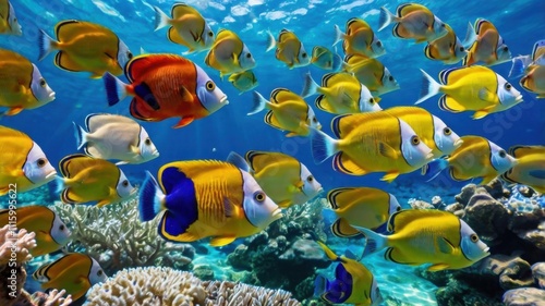 Vibrant Coral Reef with School of Fish