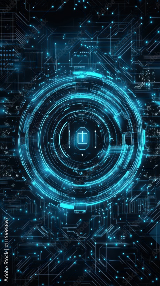 Obraz premium Futuristic lock symbol with circuit patterns and binary code interface