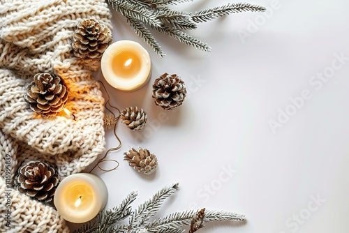 Glowing candles and pinecones in a cozy winter flat lay composition photo