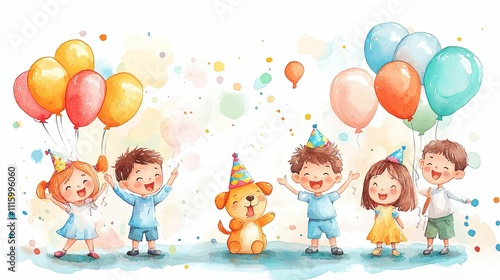 Happy Children Celebrate Birthday Party With Balloons And Puppy