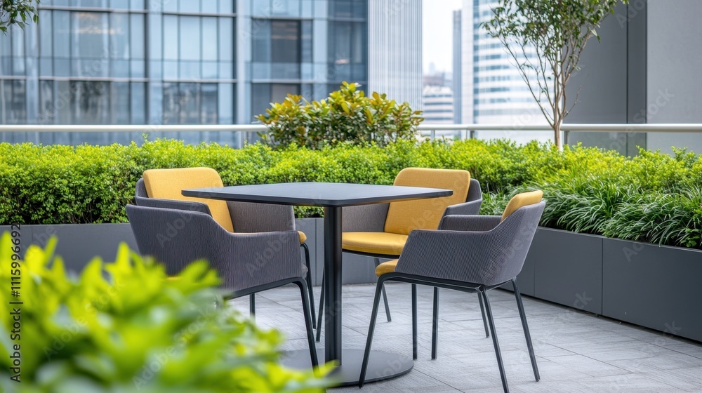 Fototapeta premium Modern Outdoor Dining Area with Lush Greenery and City Skyline