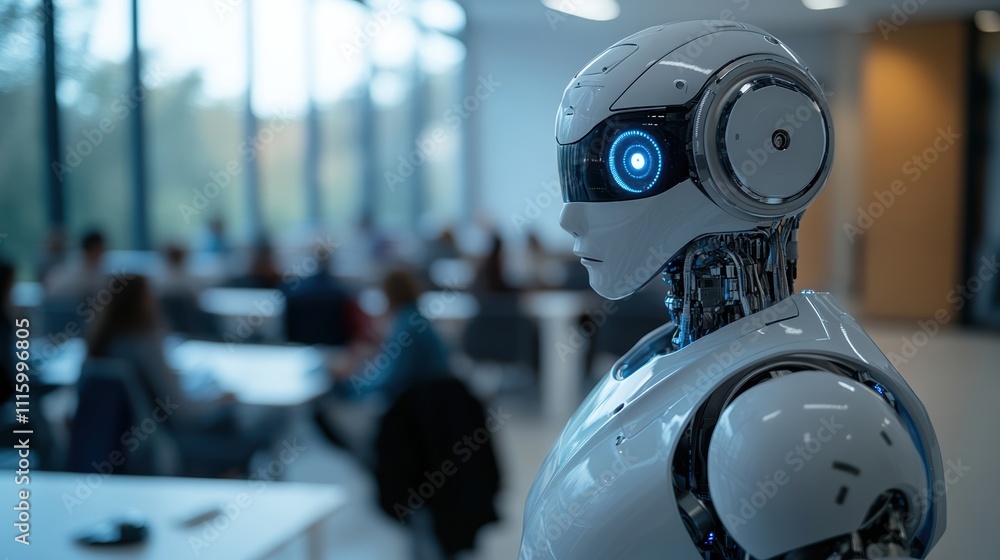 Humanoid ai robot instructor in minimalist classroom setting Humanoid ai robot instructor in minimalist classroom setting