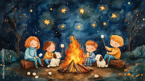 Children roasting marshmallows around a campfire under starry night