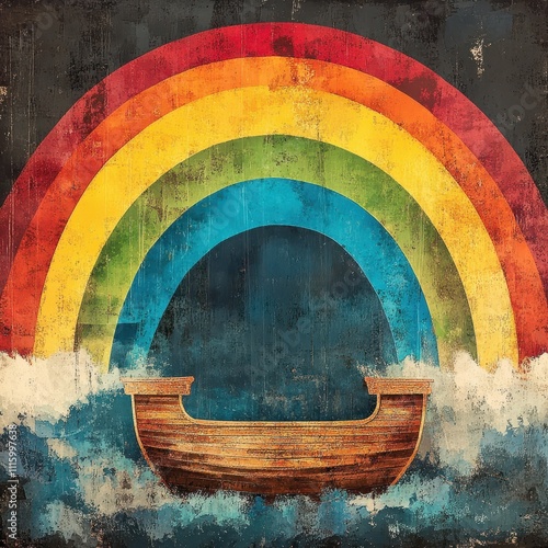 illustration of Noah's Ark floating beneath a vibrant rainbow, symbolizing divine promise, hope, and covenant with God