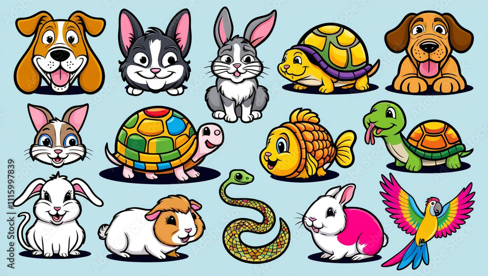 Obraz premium Domestic animals/ pets - collection of funny vector clip-arts (dog, cat, turtle, goldfish, rabbit, guinea pig, snake, parrot)
