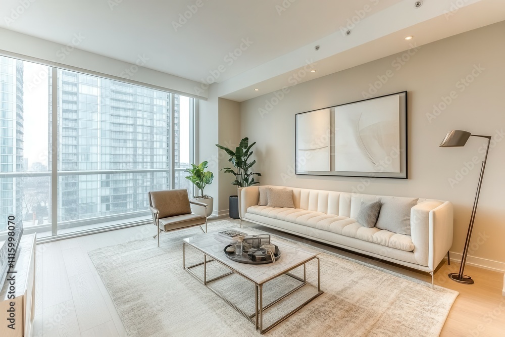 Fototapeta premium Modern minimalist living room with large windows and neutral tones.