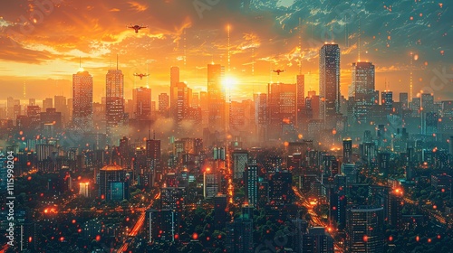 Wallpaper Mural A breathtaking futuristic cityscape featuring skyscrapers, green rooftop gardens, and a winding river illuminated by a glowing sunset.  
 Torontodigital.ca