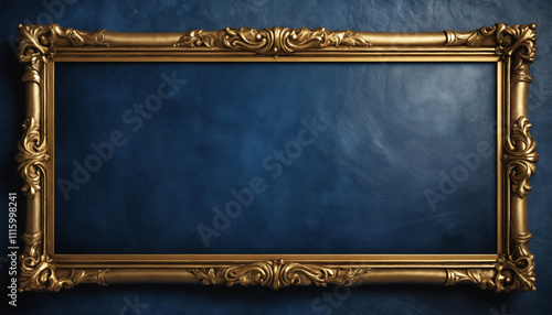Blue leather surface with a radiant gold ornamental frame, blending vintage charm and luxurious refinement.blue leather, book cover, gold frame, decorative frame.