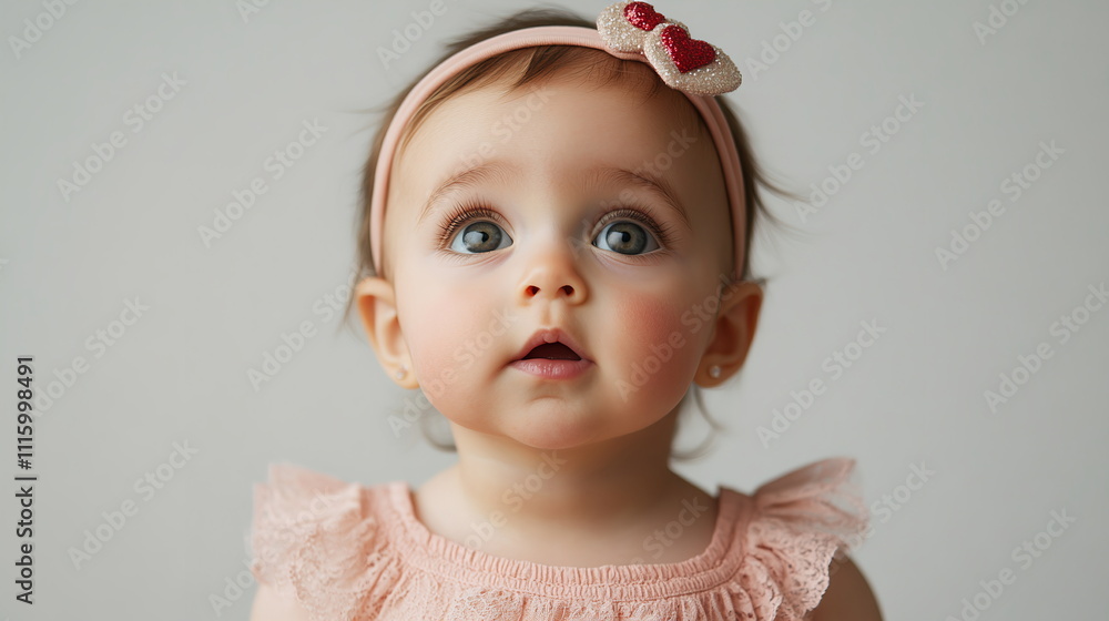Baby girl wearing a soft pink dress and a headband with a tiny red heart, looking up with a curious expression Valentine's day horizontal web banner, sale flyer, advert, greeting card Baby girl wearing a soft pink dress and a headband with a tiny red heart, looking up with a curious expression Valentine's day horizontal web banner, sale flyer, advert, greeting card