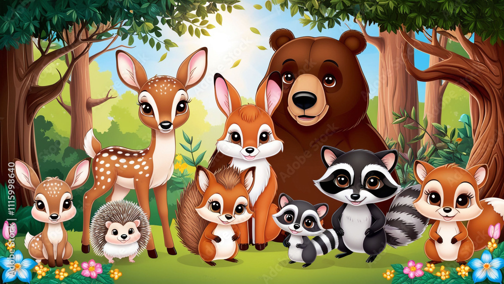 Naklejka premium Vector illustration of cute woodland forest animals including deer, rabbit, hedgehog, bear, fox, raccoon, bird, owl, and squirrel.