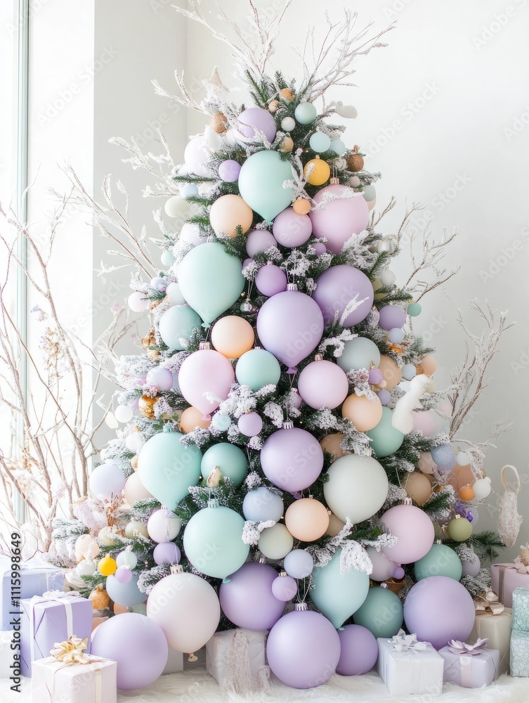 Obraz premium Elegant pastel Christmas tree with delicate ornaments in a cozy, bright interior.