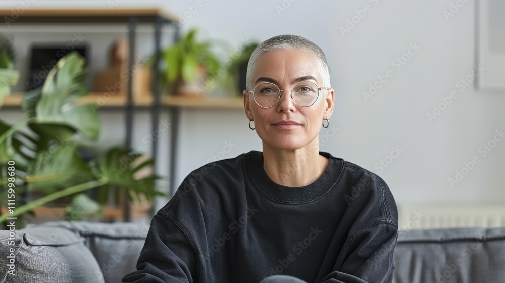 Fototapeta premium Joyful senior woman in cozy attire and glasses relaxing on couch, smiling in a serene living room