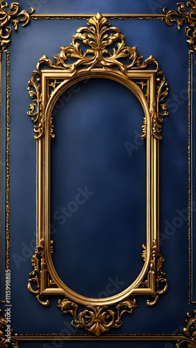 Blue leather surface with a radiant gold ornamental frame, blending vintage charm and luxurious refinement.blue leather, book cover, gold frame, decorative frame.
