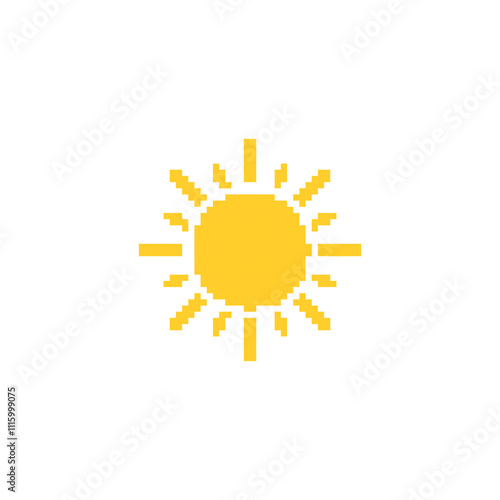 Pixelated sun illustration. Simple pixel art of a yellow sun with rays extending outward