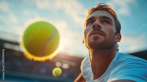 Player prepares to hit a tennis ball during a match at sunset with dramatic l...