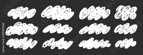White clouds fluffy pencil chalk crayon hand drawn clouds kids style clipart. Childish naive clouds icons isolated. Rough cute pastel texture set