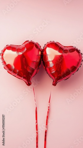 Red heart balloons floating against a pink background for celebration or deco...