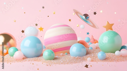Whimsical Planetary Scene with Colorful Balls and Stars Floating in a Dreamy Landscape