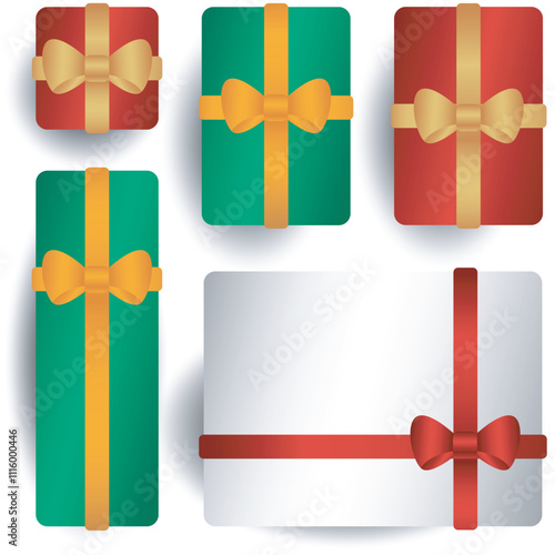 A set of vector images of shiny Christmas gifts. Red, green, white box with gold bright ribbon. Vector illustration EPS10