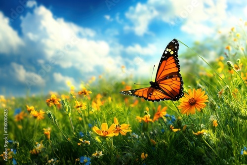Monarch butterfly on vibrant wildflowers in a sunny meadow.