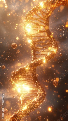 Golden DNA structure glowing with particles in dark background