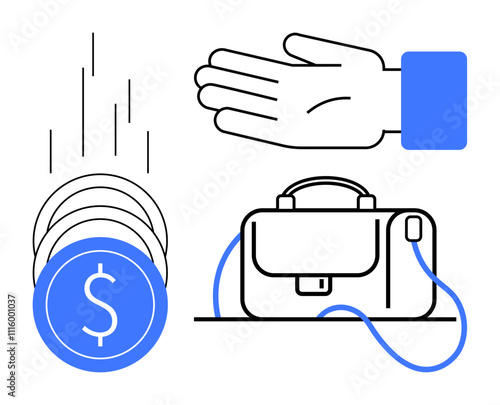 Hand reaching towards vertically falling coins symbolizing wealth and financial gains, alongside a briefcase. Ideal for business, finance, investment, income, transactions, savings, entrepreneurship