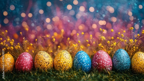 Colorful easter eggs arranged on grass with flowers and a dreamy background a...