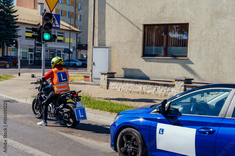 Fototapeta premium Motorcycle training session focused on safety and traffic rules