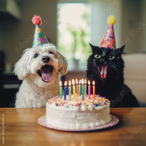Pets celebrating a birthday with a joyful cake and colorful party hats
