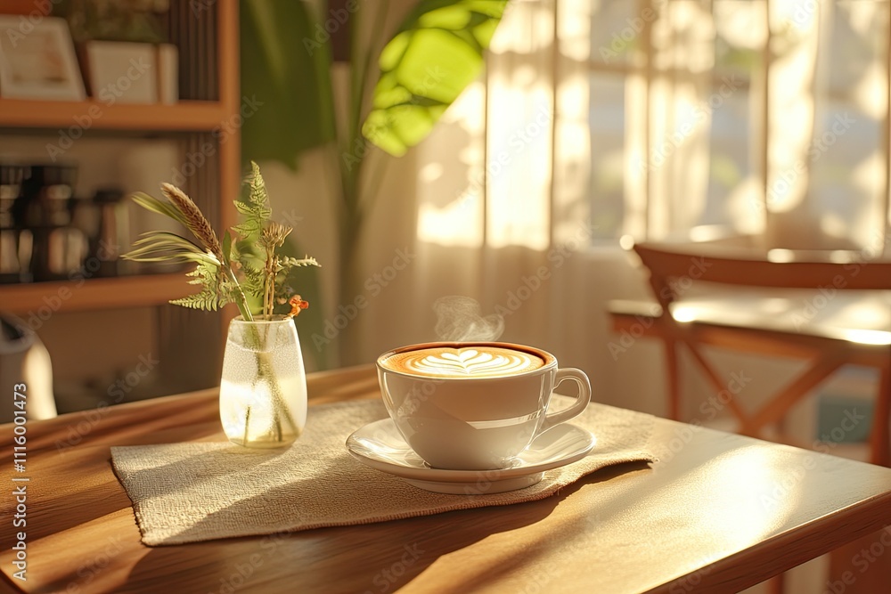 A warm, inviting café scene with a hot latte, latte art, and sunlight streaming in. Ideal for promoting coffee brands or inspiring creativity with its cozy, productive atmosphere. A warm, inviting café scene with a hot latte, latte art, and sunlight streaming in. Ideal for promoting coffee brands or inspiring creativity with its cozy, productive atmosphere.