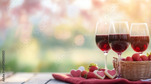 Romantic picnic with strawberries and wine during sunset in a garden setting