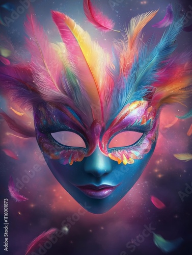 Colorful feathered mask with glittering details in a vibrant atmosphere