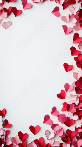 Colorful paper hearts scattered on white background for festive decorations o...