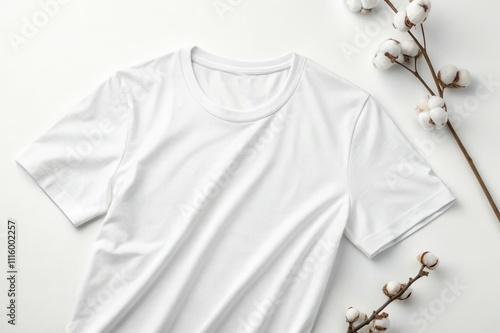 Plain white t-shirt on flat surface with cotton branches for fashion and textile display. photo