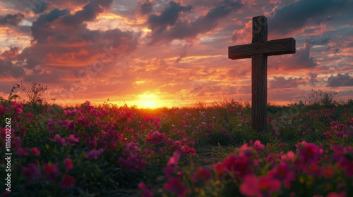 Beautiful sunset over a field with flowers and a wooden cross at dusk
