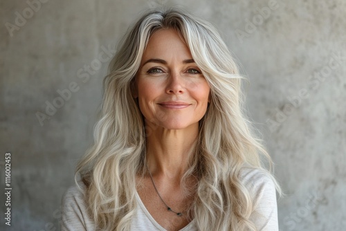 Smiling woman with long hair poses warmly indoors during soft afternoon light