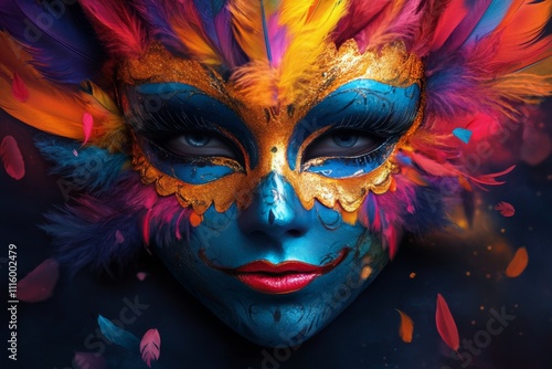 Vibrant masquerade mask adorned with feathers and intricate designs during a ...