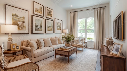 Elegant living room with beige sofa, framed art, and natural light. photo