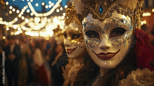 Masks and costumes at a vibrant carnival celebration in the evening lights of...