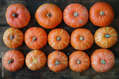 Vibrant orange pumpkins arranged on a rustic wooden surface in autumn season