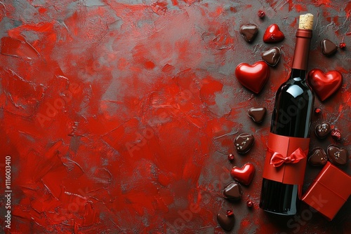 Romantic gift idea with red wine and chocolates on a textured red background