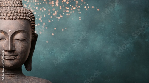 Serene black Buddha sculpture with calming blue backdrop and gentle sparkles