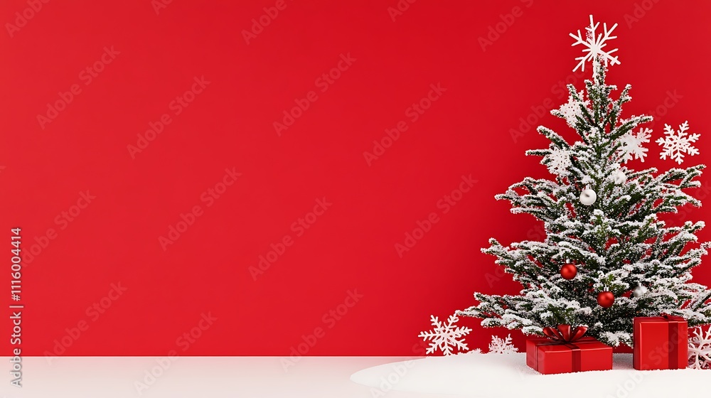 Festive Christmas Tree and Snowflakes on a Bright Red Background Festive Christmas Tree and Snowflakes on a Bright Red Background