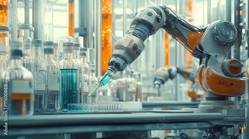 A high-tech medical production line with robotic arms and precision tools is meticulously crafting vials of a bubbling solution.