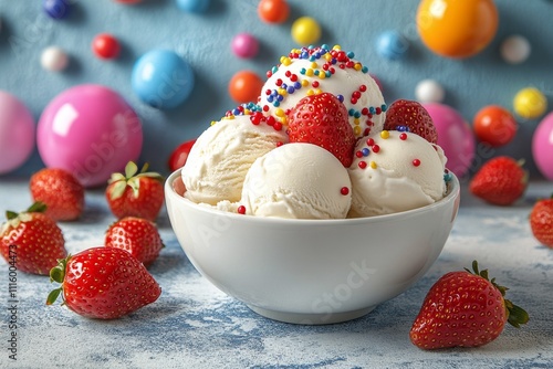 Delicious ice cream served in a bowl surrounded by colorful candies and fresh...