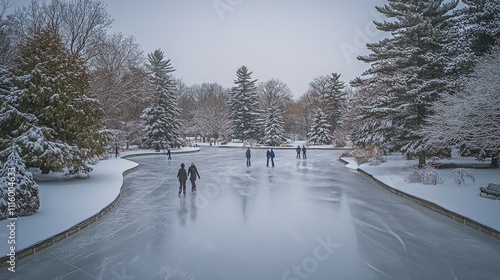 Winter skating activity on a frozen pond surrounded by trees in snowy landscape
