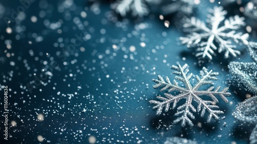 Snowflakes fall gently on a dark blue background creating a winter wonderland...